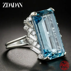 925 Sterling Silver Charm Square Aquamarine Ring For Women Fashion Wedding Jewelry Gift