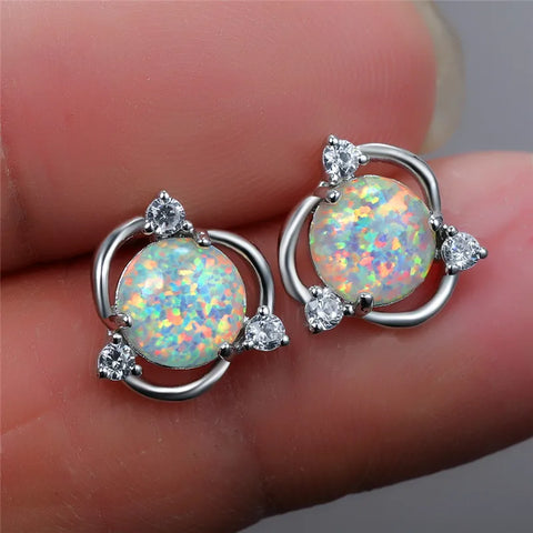 White Opal and Zirconia Stud Earrings