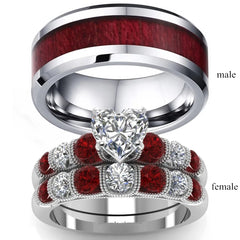 Garnet Couple Ring - White Gold Color Heart Garnet Ring Men Stainless Steel Wedding Engagement Band Valentine Day Gift Jewelry
