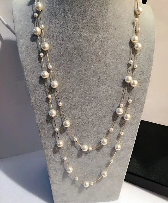 Double Layers Simulated Pearl Long Necklace