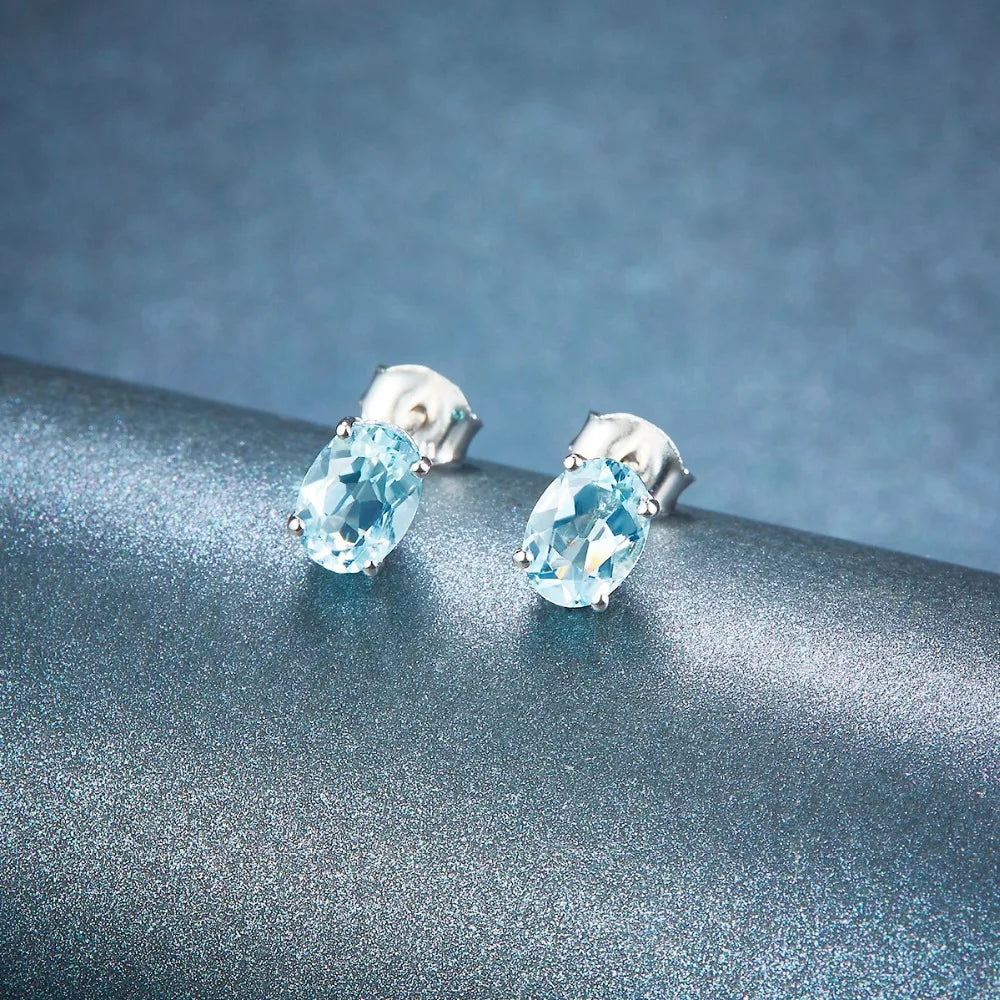 HUTANG Aquamarine Women's Stud Earrings Natural Blue Gemstone Solid 925 Sterling Silver Fine Elegant Classic Jewelry for Gift