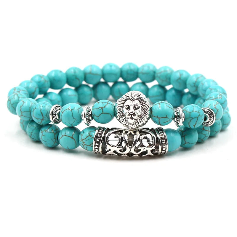 2PCS Silver Buddha Head Lava Skeleton Turquoise Bead Bracelet Set