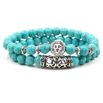 2PCS Silver Buddha Head Lava Skeleton Turquoise Bead Bracelet Set