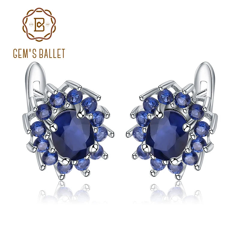 Gem's Ballet 1.89Ct Natural Blue Sapphire Earrings 925 Sterling Silver Gemstones Vintage Stud Earrings For Women Fine Jewelry