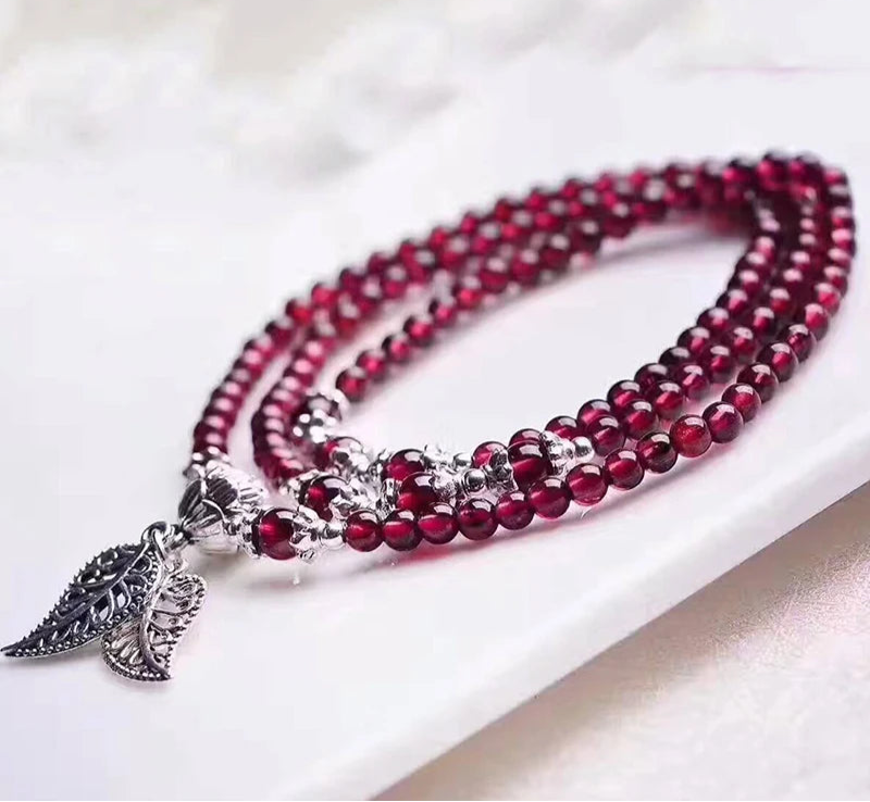 Garnet Seed Bead Bracelet with Tibetan Silver Leaf Pendant