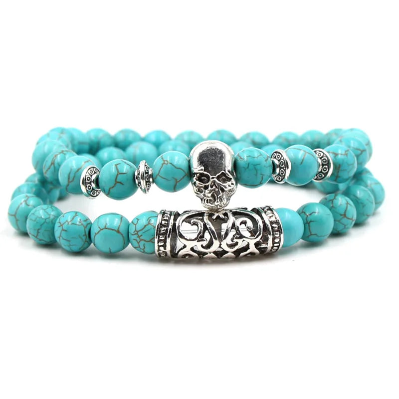 2PCS Silver Buddha Head Lava Skeleton Turquoise Bead Bracelet Set