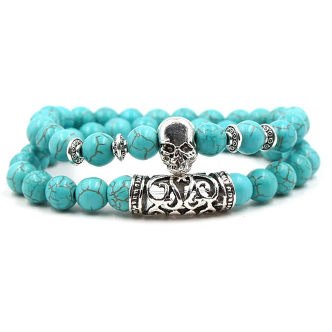 2PCS Silver Buddha Head Lava Skeleton Turquoise Bead Bracelet Set