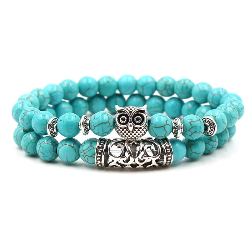2PCS Silver Buddha Head Lava Skeleton Turquoise Bead Bracelet Set