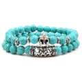 2PCS Silver Buddha Head Lava Skeleton Turquoise Bead Bracelet Set