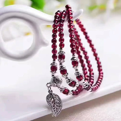 Garnet Seed Bead Bracelet with Tibetan Silver Leaf Pendant