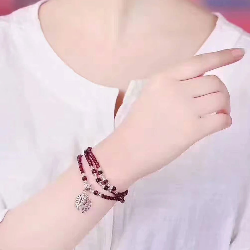 Garnet Seed Bead Bracelet with Tibetan Silver Leaf Pendant