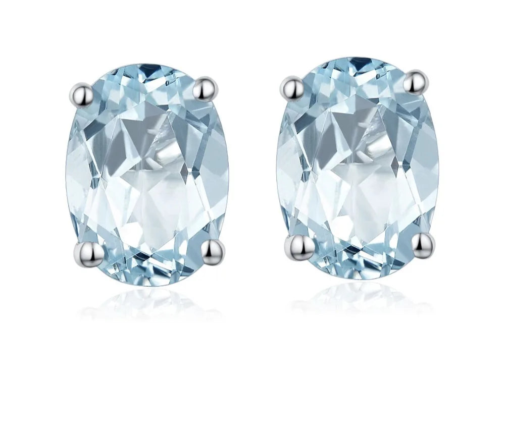 HUTANG Aquamarine Women's Stud Earrings Natural Blue Gemstone Solid 925 Sterling Silver Fine Elegant Classic Jewelry for Gift