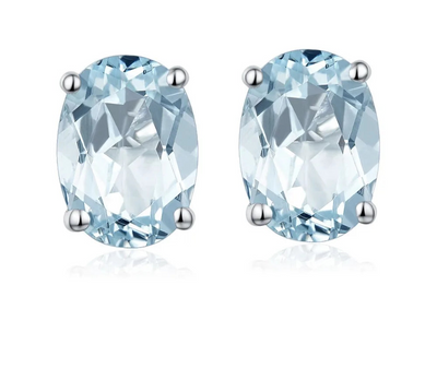 HUTANG Aquamarine Women's Stud Earrings Natural Blue Gemstone Solid 925 Sterling Silver Fine Elegant Classic Jewelry for Gift