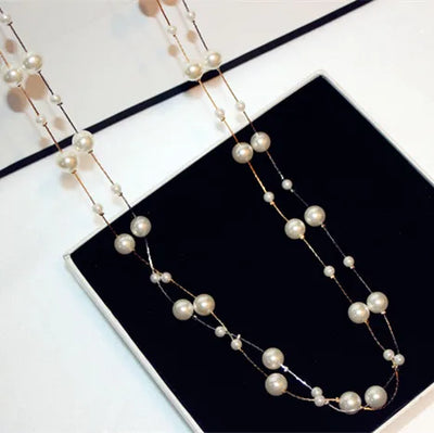 Double Layers Simulated Pearl Long Necklace