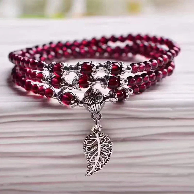 Garnet Seed Bead Bracelet with Tibetan Silver Leaf Pendant