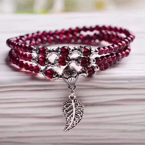 Garnet Seed Bead Bracelet with Tibetan Silver Leaf Pendant