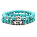 2PCS Silver Buddha Head Lava Skeleton Turquoise Bead Bracelet Set
