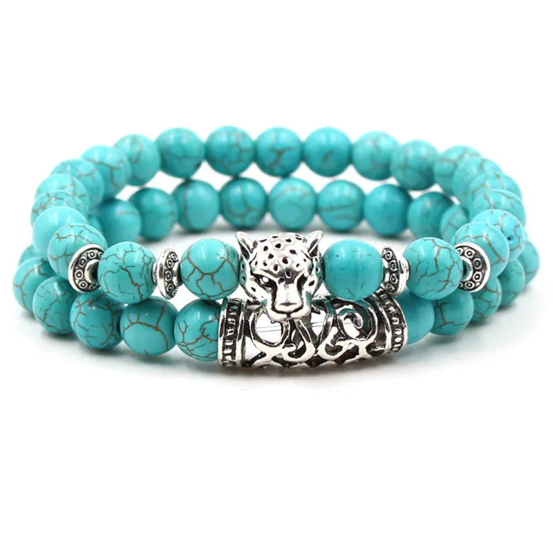 2PCS Silver Buddha Head Lava Skeleton Turquoise Bead Bracelet Set