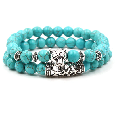 2PCS Silver Buddha Head Lava Skeleton Turquoise Bead Bracelet Set