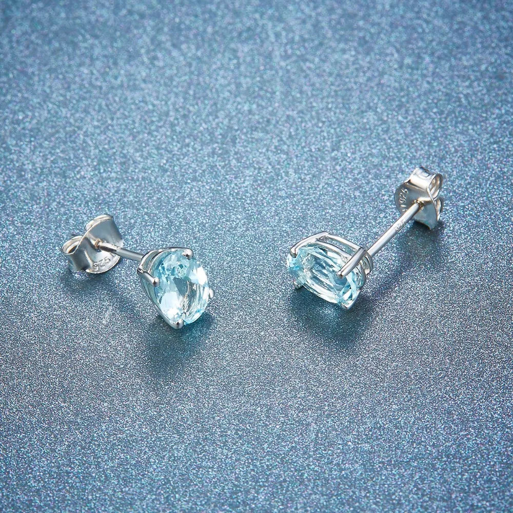 HUTANG Aquamarine Women's Stud Earrings Natural Blue Gemstone Solid 925 Sterling Silver Fine Elegant Classic Jewelry for Gift