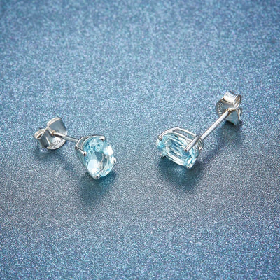 HUTANG Aquamarine Women's Stud Earrings Natural Blue Gemstone Solid 925 Sterling Silver Fine Elegant Classic Jewelry for Gift