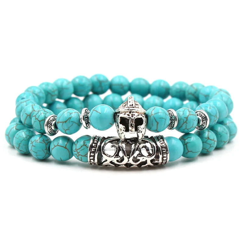 2PCS Silver Buddha Head Lava Skeleton Turquoise Bead Bracelet Set