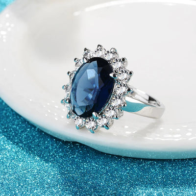 925 Sterling Silver Oval Sapphire Flower Ring