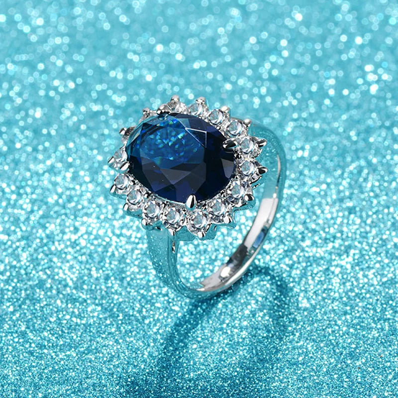 925 Sterling Silver Oval Sapphire Flower Ring