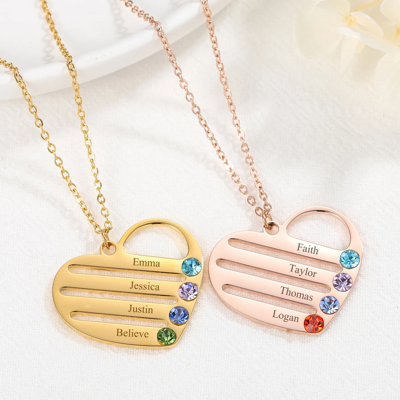 Personalized Engraved Heart Necklace with Birthstones