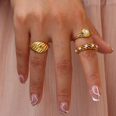 18K Gold Plated Hollow Texture Natural Freshwater Pearl Rings For Women