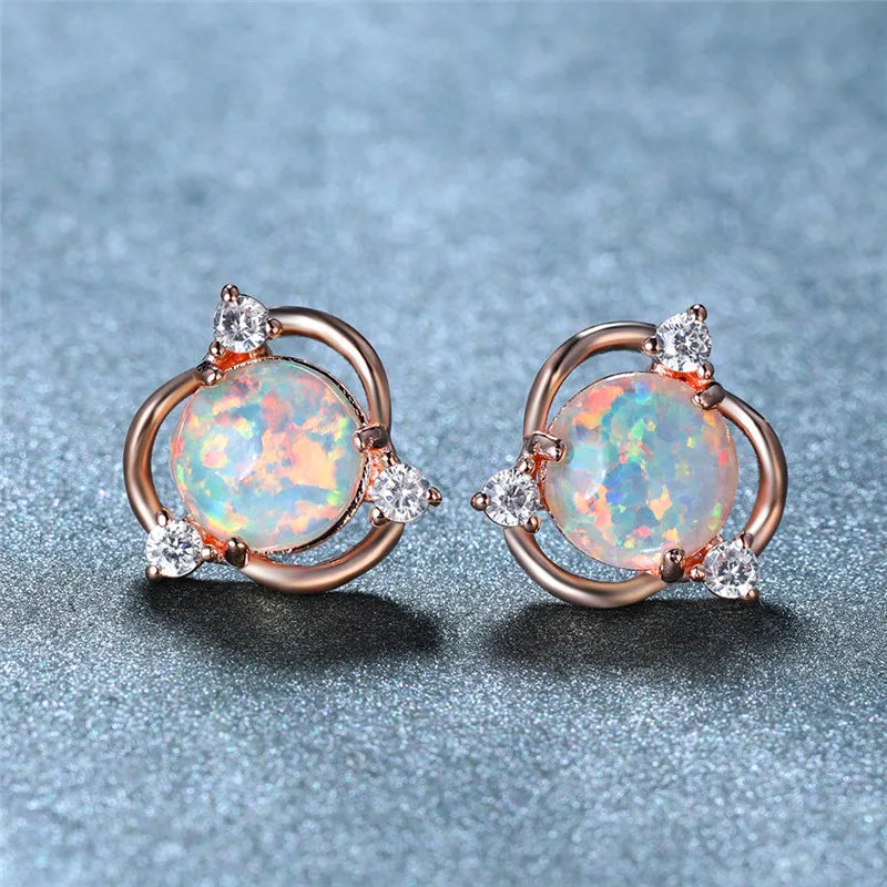 White Opal and Zirconia Stud Earrings