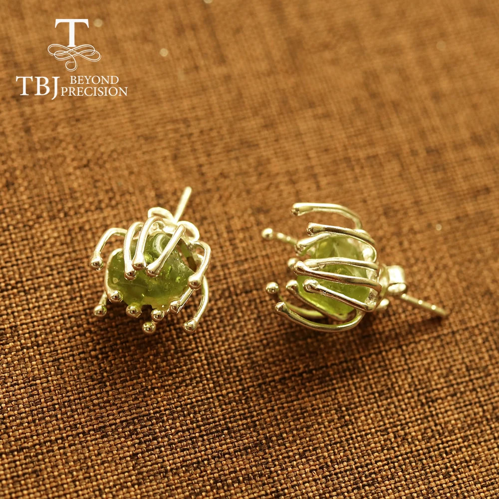 TBJ Blooming flower design Handmade Natural Peridot gemstone Rough earring 925 sterling silver fine jewelry for girls nice gift