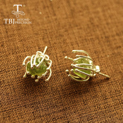 TBJ Blooming flower design Handmade Natural Peridot gemstone Rough earring 925 sterling silver fine jewelry for girls nice gift