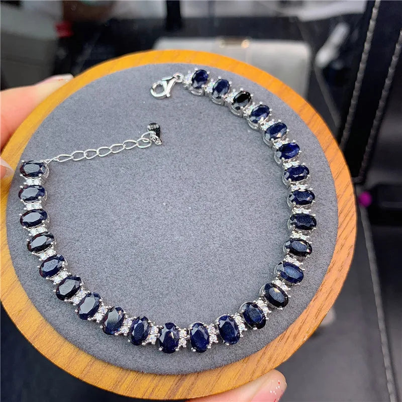 2021 New Arrival High Quality Luxury Jewelry 925 Sterling Silver Oval Cut Blue Sapphire Natural Gemstones Women Bracelet Gift