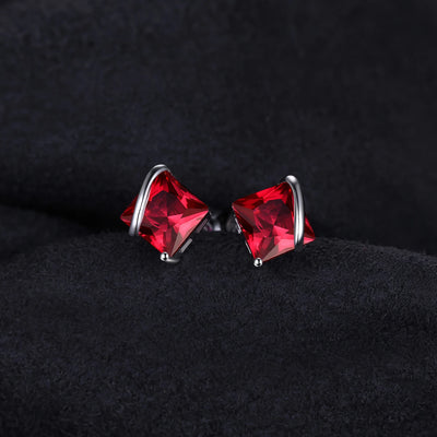 Square Created Red Ruby 925 Sterling Silver Stud Earrings