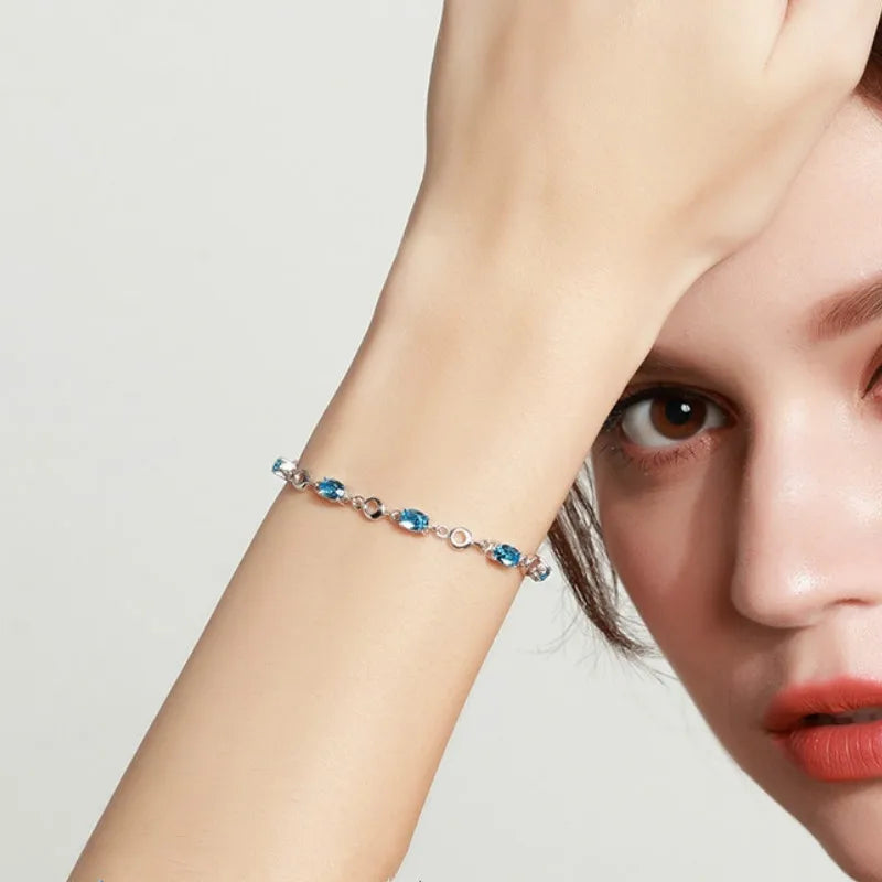 925 Sterling Silver Topaz Women's Bracelets with zircons Blue Sapphire Color Gemstone Bracelet for Woman Girl Birthday Gift