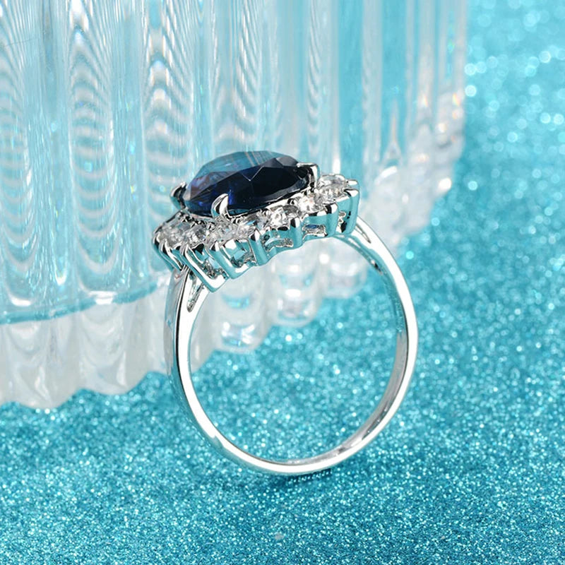 925 Sterling Silver Oval Sapphire Flower Ring