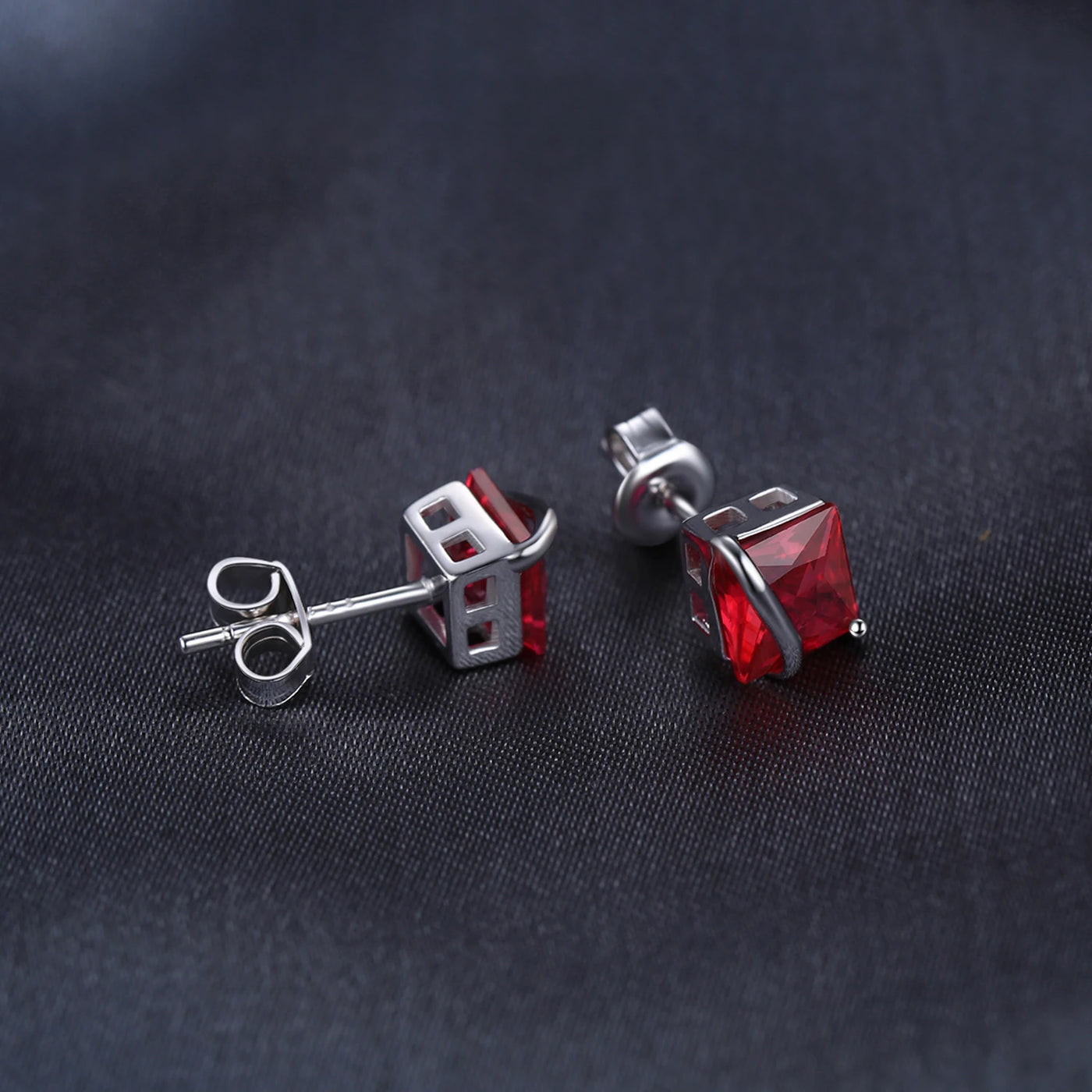 Square Created Red Ruby 925 Sterling Silver Stud Earrings