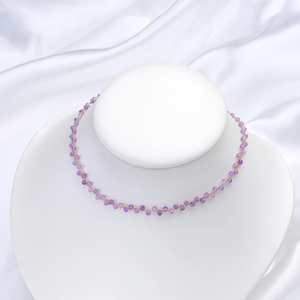 Lina Jw Natural Stone Necklace for Women Tourmaline/Fluorite/Amethyst Handwork Choker Jewelry Party/Wedding Design Luxury Gift