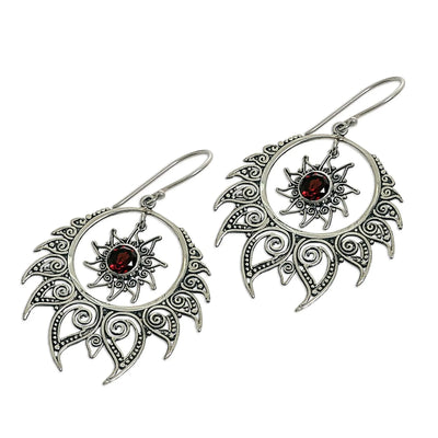 Large Silver Sunburst Garnet Birthstone Earrings
