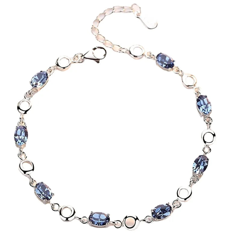 925 Sterling Silver Topaz Women's Bracelets with zircons Blue Sapphire Color Gemstone Bracelet for Woman Girl Birthday Gift