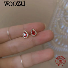 WOOZU 14k Gold Plated Real 925 Sterling Silver Luxury Ruby Zircon Stud Earrings For Women Party Korean GirlFriend Jewelry Gift