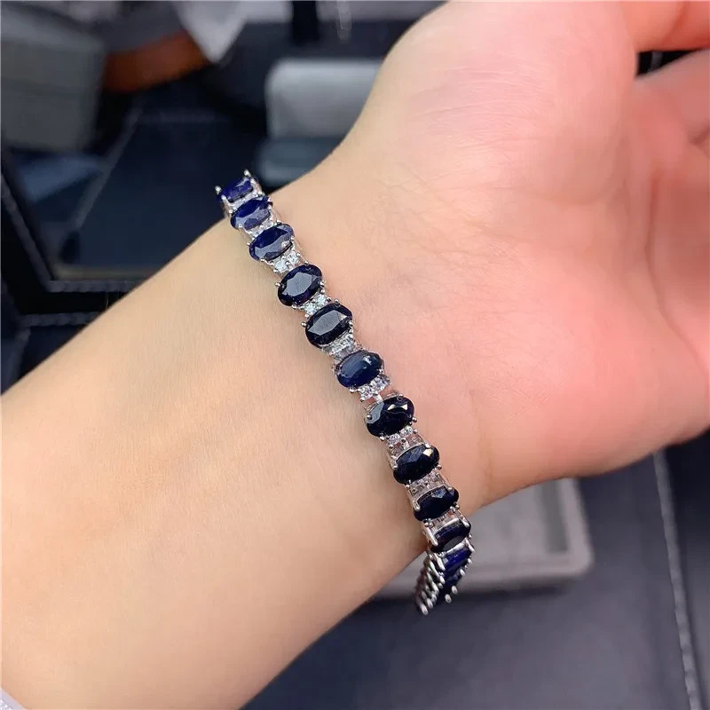 2021 New Arrival High Quality Luxury Jewelry 925 Sterling Silver Oval Cut Blue Sapphire Natural Gemstones Women Bracelet Gift