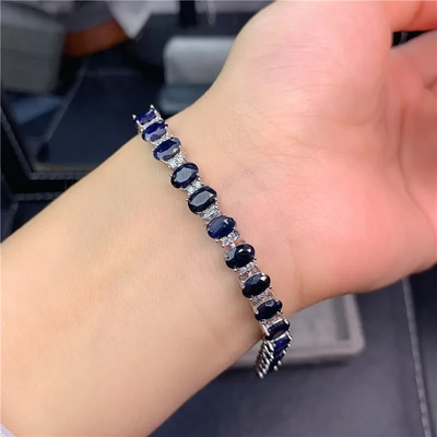 2021 New Arrival High Quality Luxury Jewelry 925 Sterling Silver Oval Cut Blue Sapphire Natural Gemstones Women Bracelet Gift