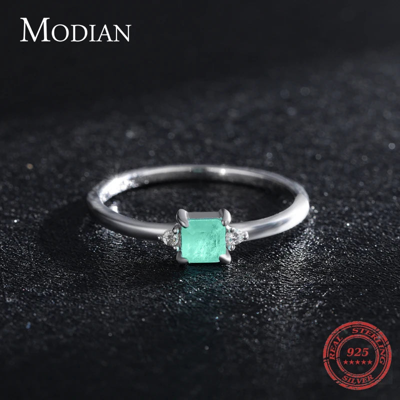 Modian New 925 Sterling Silver Fashion Emerald cut Tourmaline Finger Rings For Women Elegant Simple Paraiba Silver Fine Jewelry
