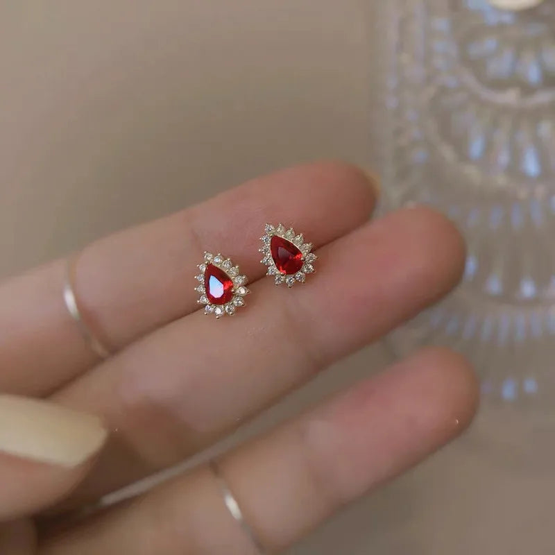 WOOZU 14k Gold Plated Real 925 Sterling Silver Luxury Ruby Zircon Stud Earrings For Women Party Korean GirlFriend Jewelry Gift