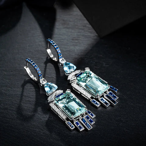 Long Silver Simulation Aquamarine Gemstone Earrings