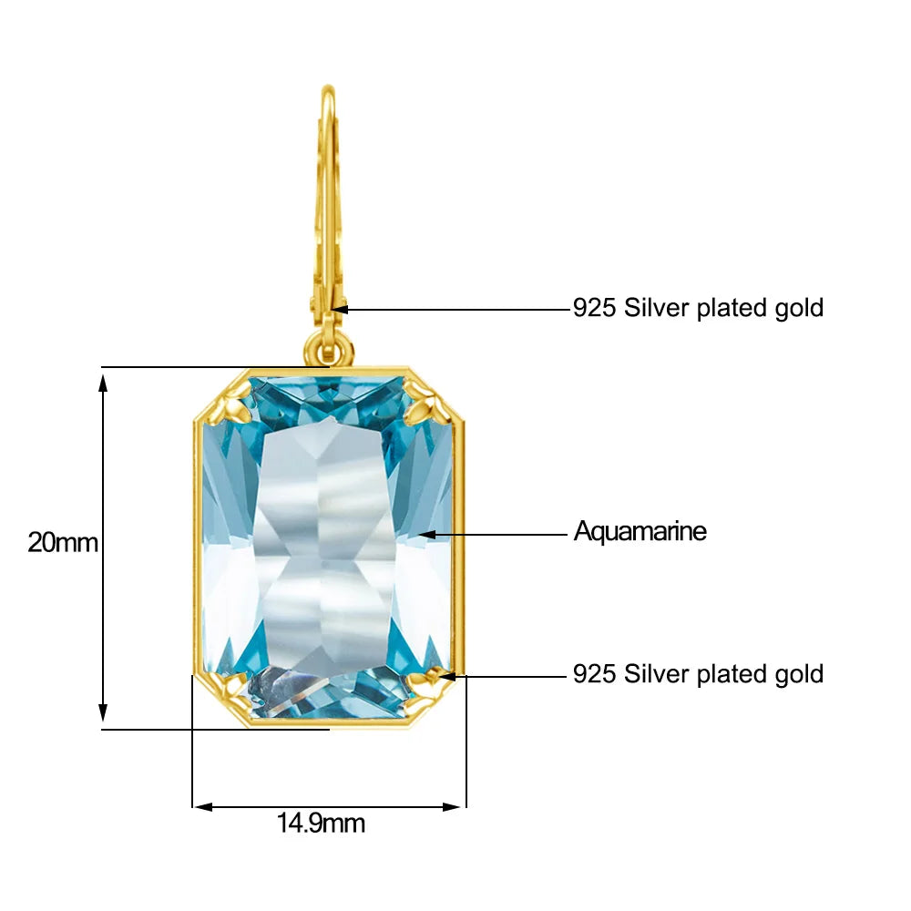 Real 100% 925 Silver Earrings Aquamarine 14K Gold Plated Drop Earrings For Women Fine Jewelry Wedding Gift Handmade
