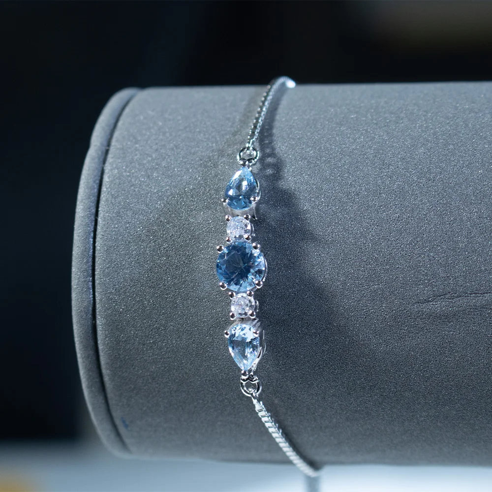 925 Sterling Silver Bracelets Adjustable Bangle Nano Blue Topaz Bracelet Round Pear Bracelets for Woman