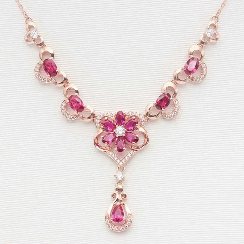 Romantic Luxury 585 Purple Gold Inlaid Ruby Elegant Flower Necklace 14K Rose GoldCrystal Luxury Pendant Dinner wedding Jewelry